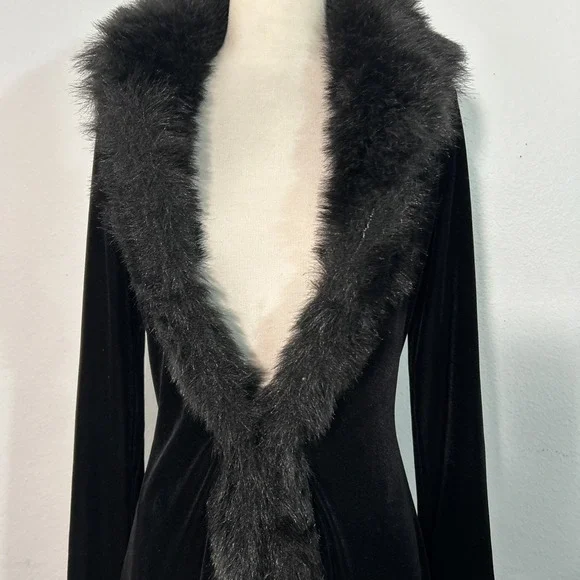 Betsey Johnson Penny Lane Coat Womens S Black Velvet Faux Fur Trim Y2K Glam - Picture 2 of 13